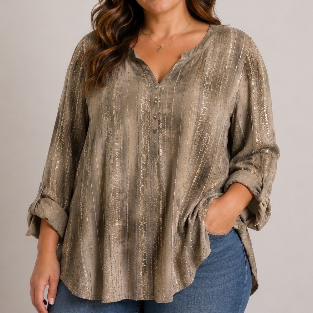 Sami & Jo Embellished Tunic Top 3X Plus Size Taupe Sequin Roll Tab Sleeve Blouse
